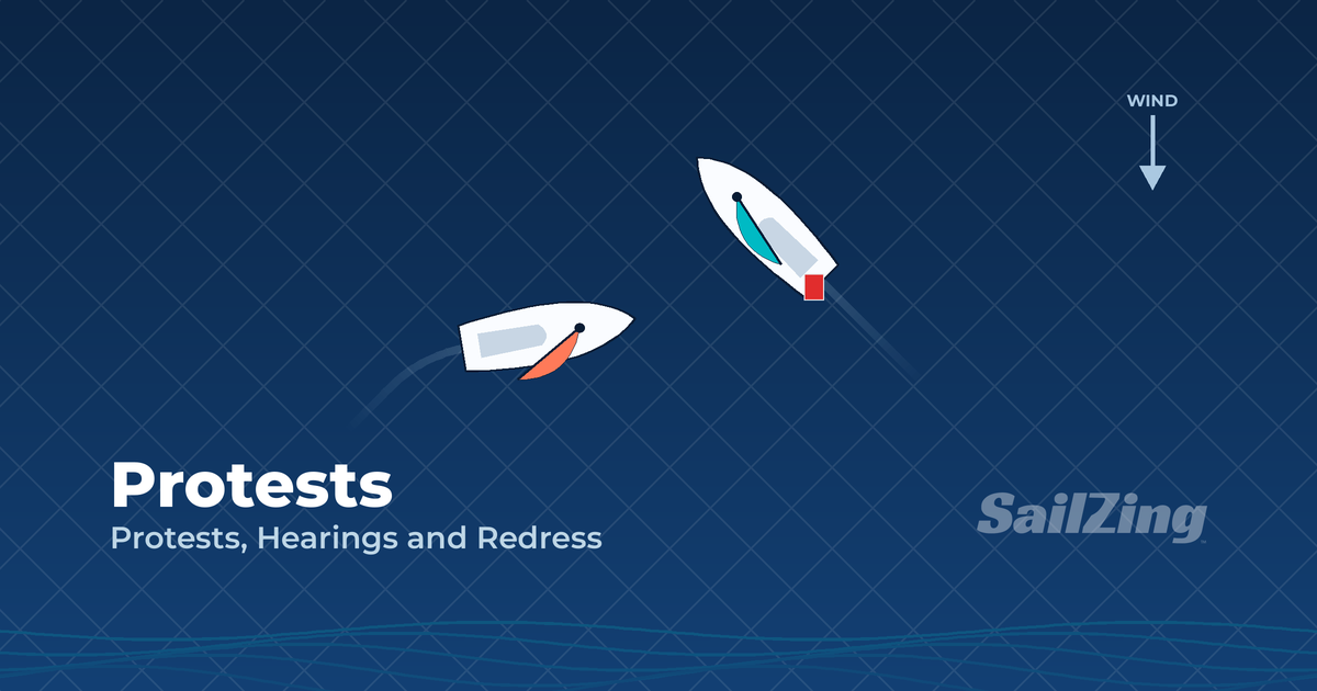 Protests diagram: after a port-starboard crossing, the starboard-tack boat displays a red protest flag