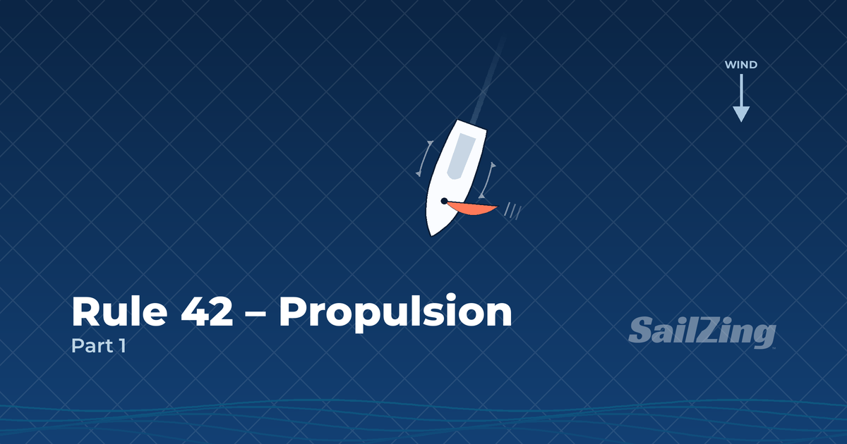 Rule 42 propulsion diagram: a boat running downwind with marks showing rocking and fanning of the sail