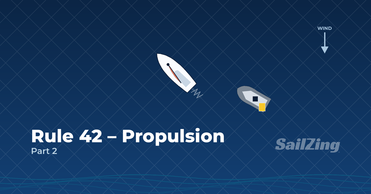 Rule 42 propulsion diagram: a slow boat sculling, repeatedly fanning the helm, as a judge boat watches