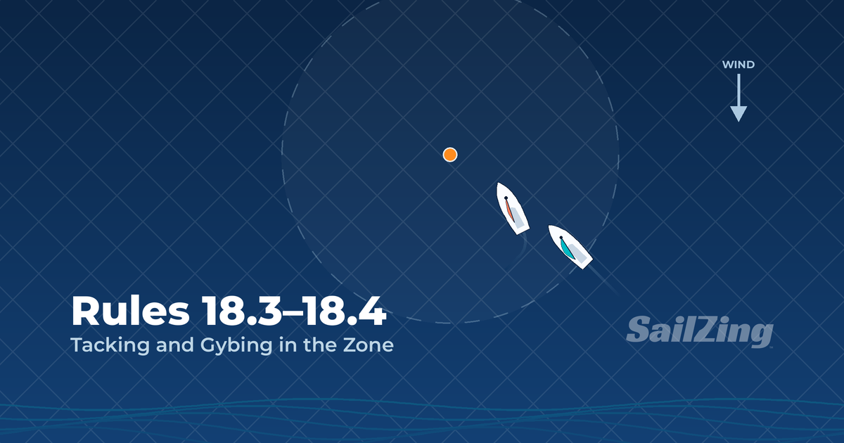 Rules 18.3 and 18.4 diagram: boats tacking and gybing in the zone at a mark